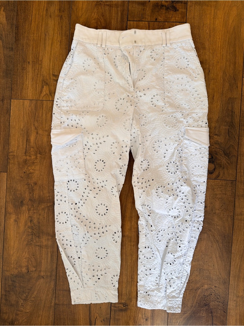 White Eyelet Cargo Pants with Side Pockets